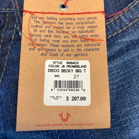 TRUE  RELIGION Sz 27 Disco Becky Big T Swarovski Crystal Distressed Jeans - Picture 8 of 14